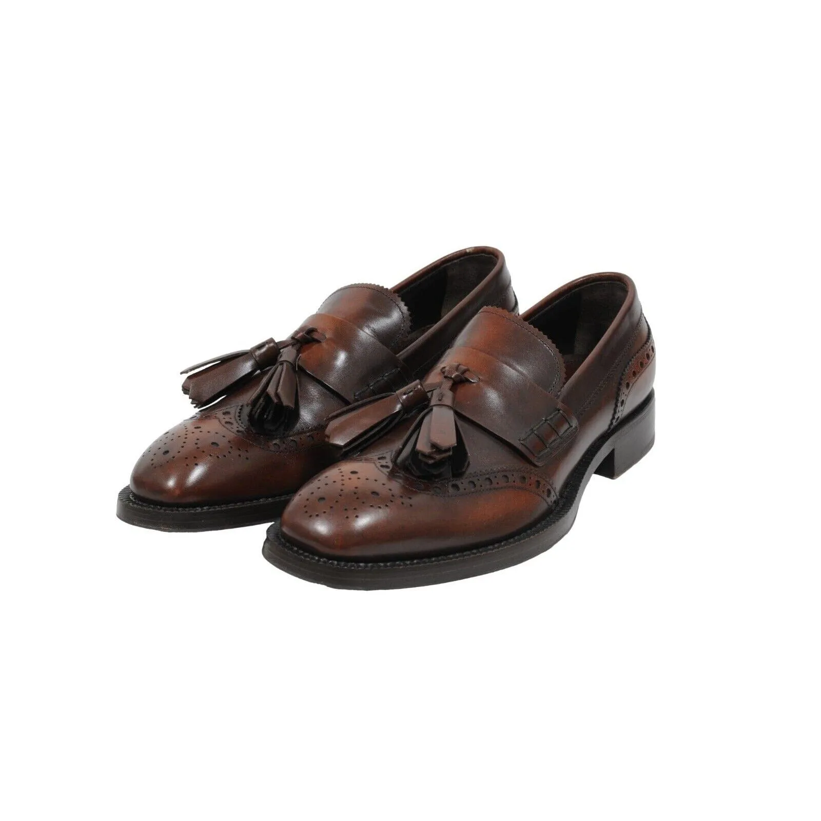 Brown Leather Wingtip Medallion Cordovan Tassel Loafers