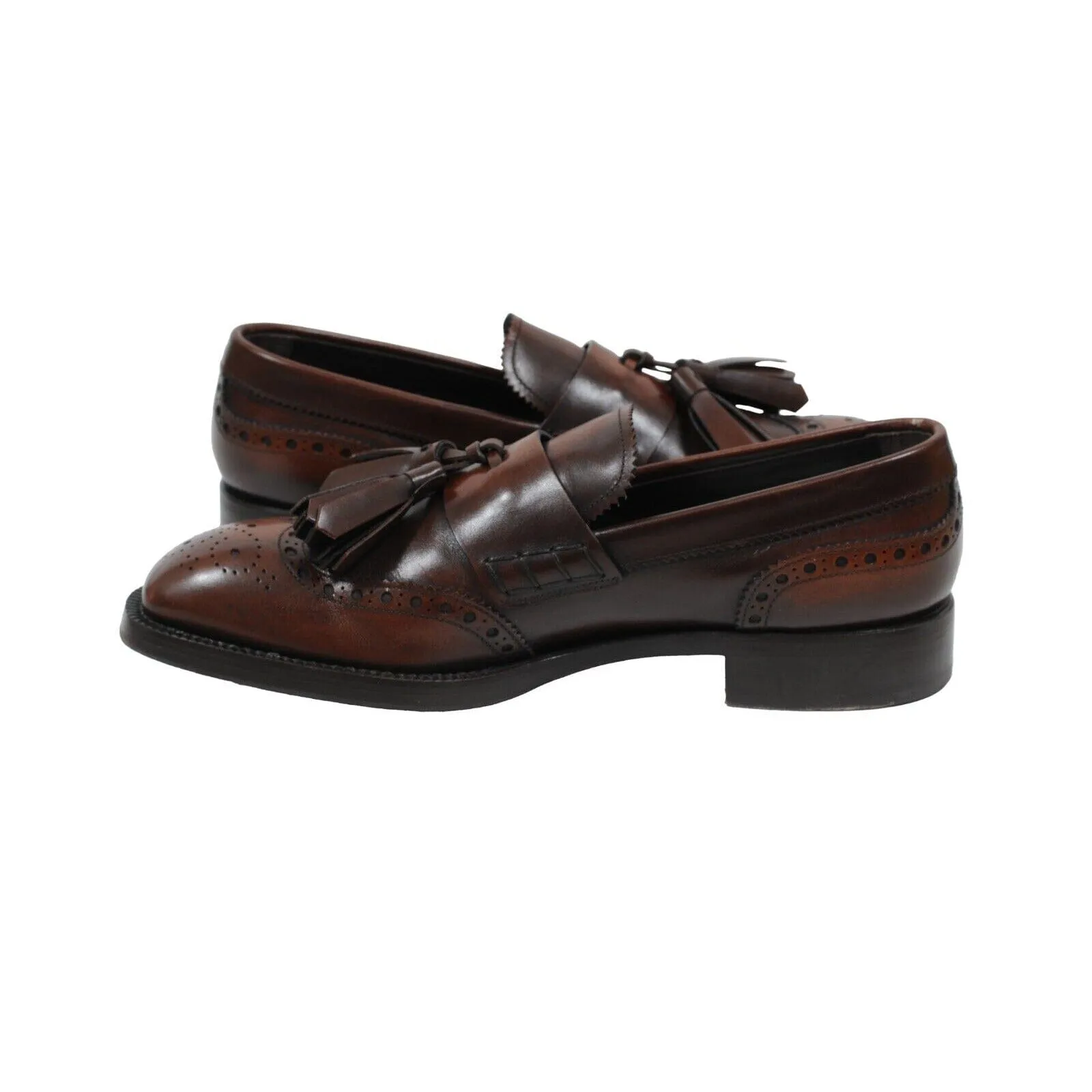 Brown Leather Wingtip Medallion Cordovan Tassel Loafers