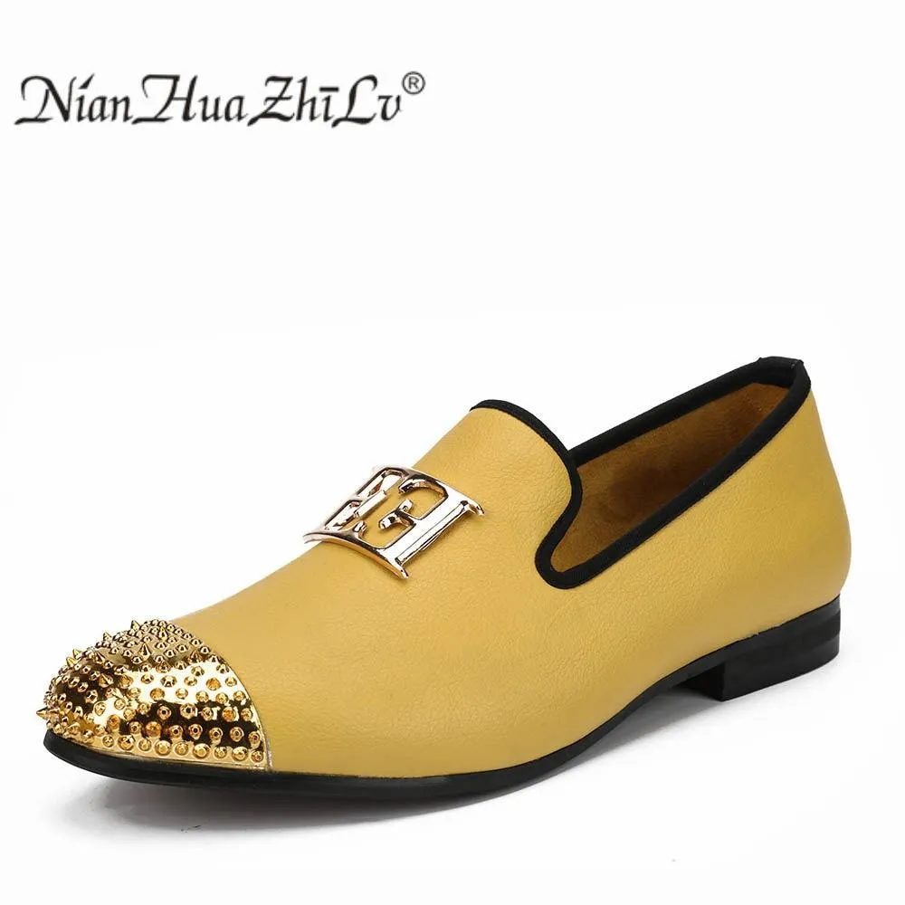 Luxury Handcrafted Gold Metal Toe Loafers