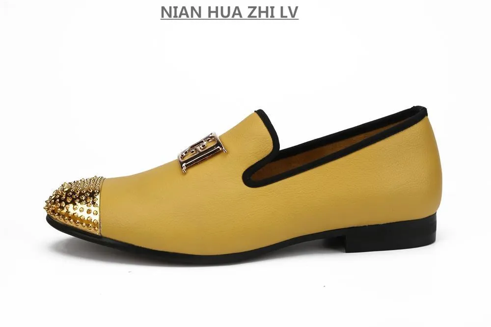 Luxury Handcrafted Gold Metal Toe Loafers