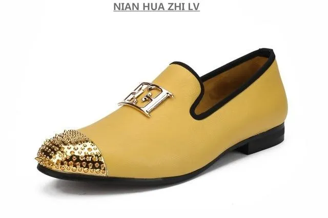 Luxury Handcrafted Gold Metal Toe Loafers