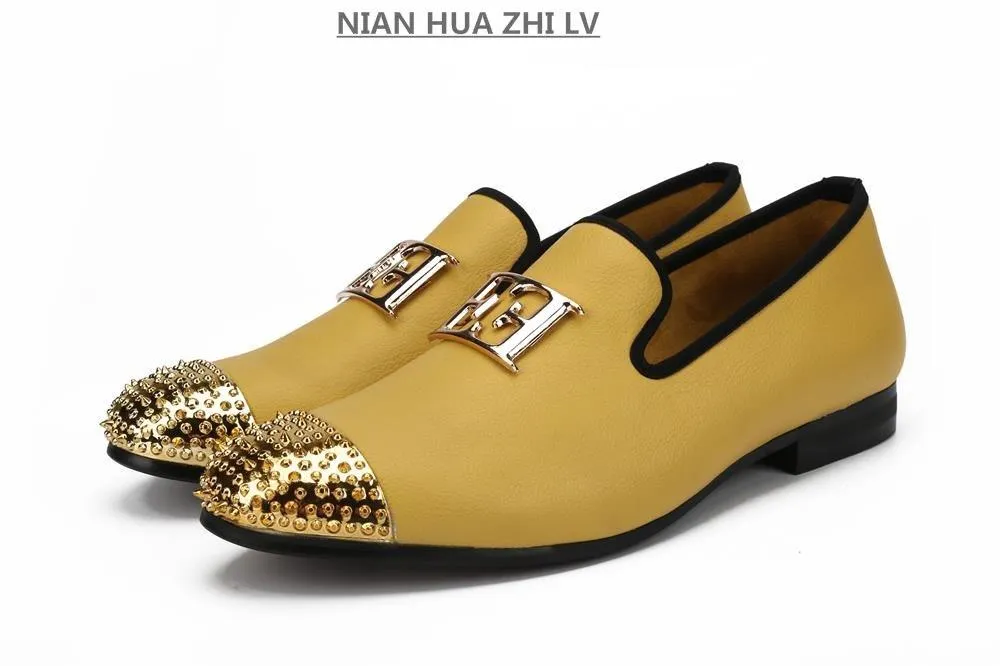 Luxury Handcrafted Gold Metal Toe Loafers