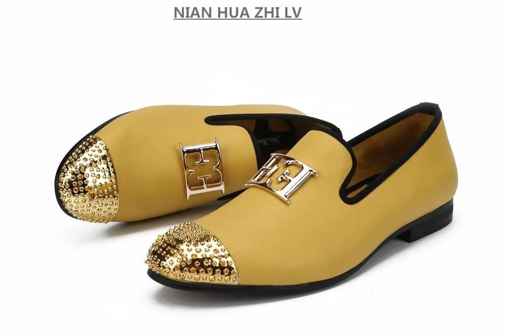 Luxury Handcrafted Gold Metal Toe Loafers