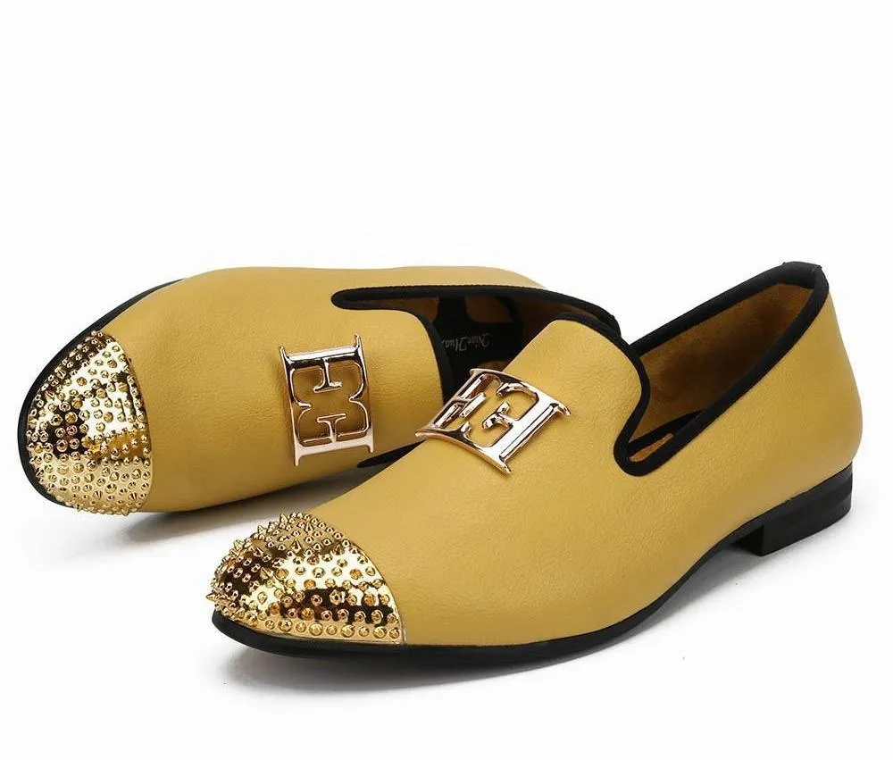 Luxury Handcrafted Gold Metal Toe Loafers