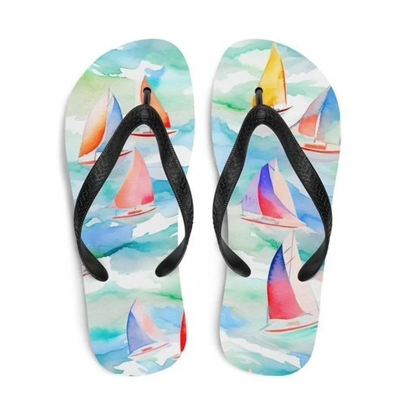 Nautical Flip-Flops with Sailboat Design - Unisex Beach Party Shoes