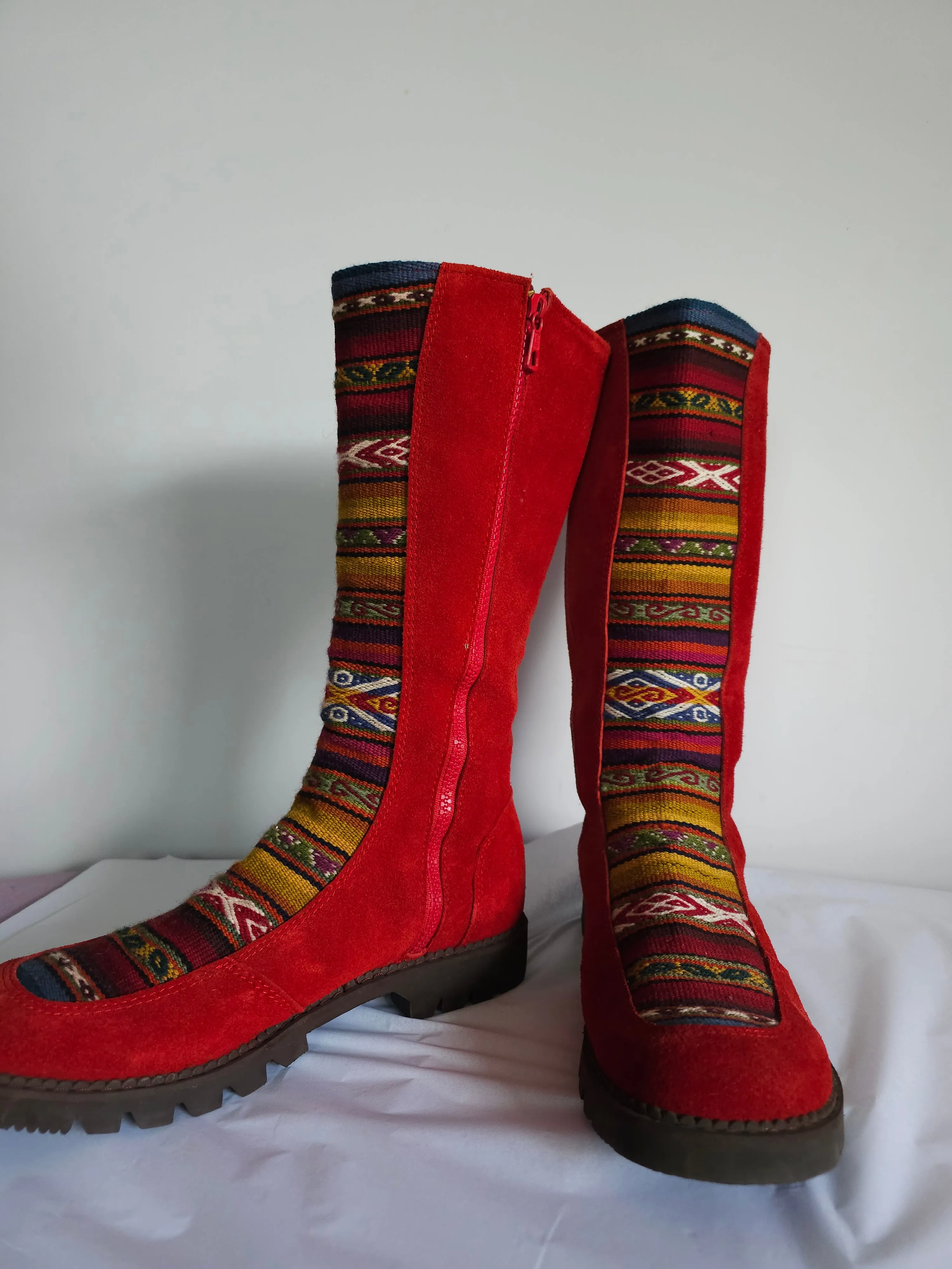 Vibrant Red CAT Leather Boots with Ethnic Detailing – Like New Size 9