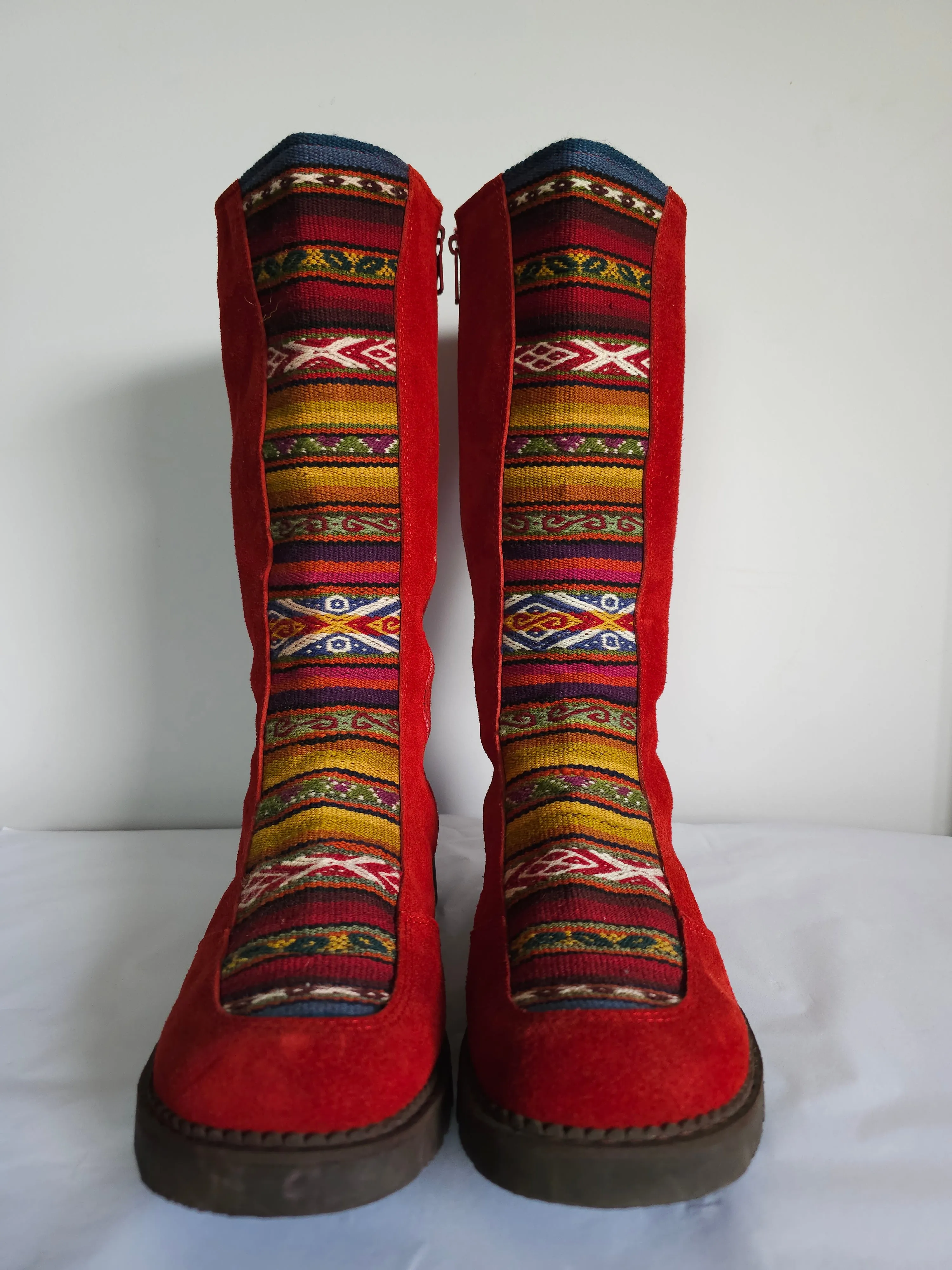 Vibrant Red CAT Leather Boots with Ethnic Detailing – Like New Size 9