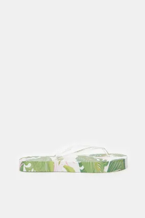 Women Green And White Floral Flip Flop